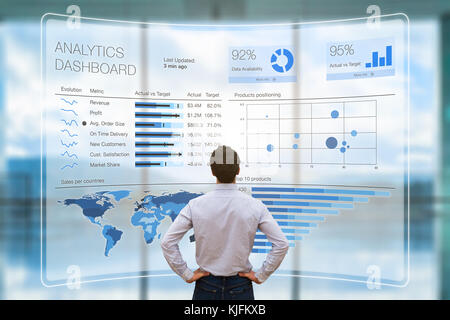 Geschäftsmann Analyse eines Business Analytics (ba) oder Intelligence (BI)-Dashboard auf virtuellen Bildschirm mit Sales und Operations Daten Statistik Diagramme ein Stockfoto