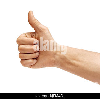 Des Menschen Hand, Daumen hoch - wie Zeichen, auf weißem Hintergrund. Bis zu schließen. positive Konzept. hohe Auflösung Produkt. Stockfoto