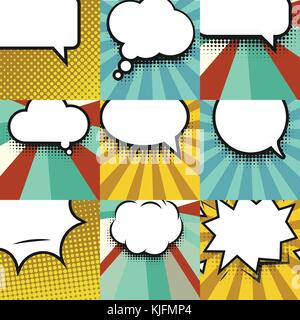 Leere comic Ballon set Vorlage. Klare Comics bunte Sprechblasen Rasterpunkt Hintergrund Stil pop art Sammlung." im Dialog "Text leer Cloud. kreative Idee Gespräch Hintergrund Skizze Explosion. Stock Vektor