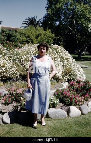 Eine Ganzkörper Bild einer Frau in Grau sun Kleid tragen eine kleine weisse Handtasche, auf einem Rasen Garten vor einem Damm posiert mit weiß blühenden Pflanzen, 1948 abgedeckt. Stockfoto