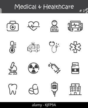 Medizin und Gesundheitswesen line Icon Set 1. Stock Vektor