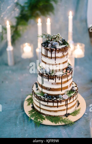 Dessert, Süßspeise, Feier Konzept. 3 Tier weiß Hochzeitstorte reich mit Beeren und Blätter eingerichtet, kleine Zweige von Nadelgehölzen und Schokolade Zuckerguss Stockfoto