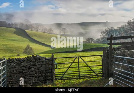 Feld Tor, Trockenmauern Wand, und rollenden englische Landschaft Stockfoto