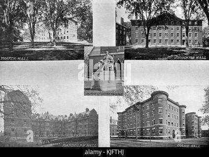 Ein zusammengesetztes Bild mit fünf Fotografien von der Harvard University, die vier größten Fotografien befinden sich in den Ecken und bestehen aus Schlafsälen namens Thayer Hall, Stoughton Hall, Randolph Hall und Craigie Hall, Thayer und Stoughton Hallen dienen immer noch als Neuling Schlafsäle, Randolph Hall wurde von Adams House absorbiert, Craigie Hall wurde von der Universität im Jahr 1923 verkauft, die Statue in der Mitte ist von John Harvard, der Gründer der Universität, Cambridge, Massachusetts, Boston, Massachusetts, 1913. Stockfoto