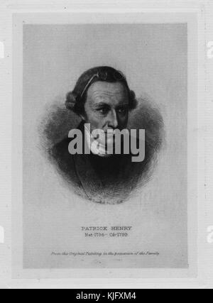 Geätztes Porträt von Patrick Henry, einem Gründervater, diente er von 1776 bis 1779 als erster und sechster postkolonialer Gouverneur von Virginia und von 1784 bis 1786 von Albert Rosenthal, 1870. Aus der New York Public Library. Stockfoto