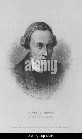 Geätztes Porträt von Patrick Henry, einem Gründervater, diente er von 1776 bis 1779 als erster und sechster postkolonialer Gouverneur von Virginia und von 1784 bis 1786 von Albert Rosenthal, 1888. Aus der New York Public Library. Stockfoto