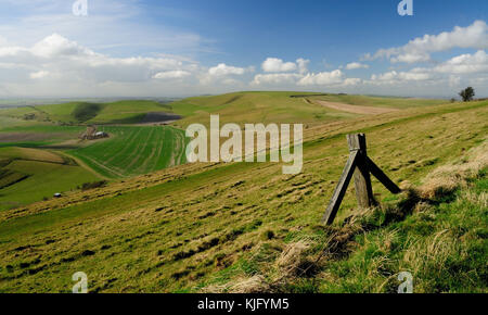 Tan Hill (Bildmitte - 294m), von der Seite des Milk Hill (295m) aus gesehen, den beiden höchsten Hügeln in Wiltshire. Stockfoto