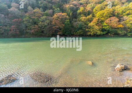 Blätter im Herbst, Herbstlaub und Wald Reflexionen in Katsura Fluss Gewässer. Arashiyama, Kyoto, Japan Stockfoto