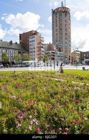 Kommunale blumen Betten mit einem pollinator flower Mix gepflanzt, um die Tierwelt und sehen toll aus. Place du Minck, Dünkirchen, Frankreich Stockfoto