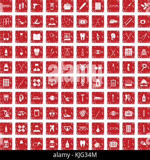 100 Medizinisches Zubehör Icons Set grunge Rot Stock Vektor