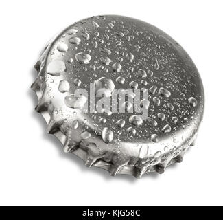 Silber Bier Flasche verschließen bis Makro auf weißem Hintergrund Stockfoto