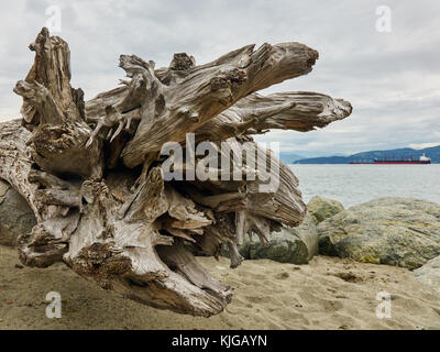 In der Nähe von einem großen Stück Treibholz auf ein Vancouver Strand, mit verschleierten Himmel, Wasser, Frachter und Gebirge im Hintergrund Stockfoto