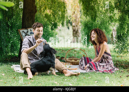 Paar mit Hund bei einem Picknick in einem Park Stockfoto