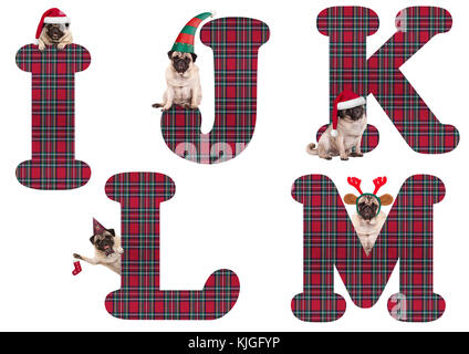 Süße Weihnachten mops Welpe Hund Alphabet Buchstaben i j k l m, auf weißem Hintergrund Stockfoto