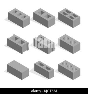 Satz von verschiedenen Formen Hohlblocksteine, Ansicht von oben. Elemente der Gestaltung von Baustoffen. Flachbild isometrische 3D-Stil, Vector Illustration. Stock Vektor