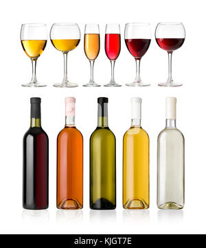 Satz von Weiß, rosa und rot Wein Flaschen und Glas. auf weißem Hintergrund Stockfoto