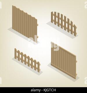 Einstellen der Spans Holzzäune der verschiedenen Formen. Auf weissem Hintergrund. Elemente der Gebäude und Landschaft gestalten. Flache isometrische 3D-Stil, Vektor Stock Vektor