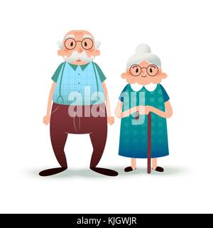 Happy Cartoon Senior Pärchen. Fanny flache Charaktere. Alter Mann und alte Dame. Flache Abbildung auf weißem Hintergrund. Stock Vektor