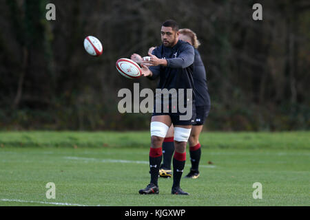 Hensol, Wales, UK. 23. November 2017. taulupe faletau, die Wales Rugby Player in Aktion während der Wales Rugby Team Training im Vale Resort Hotel in hensol, in der Nähe von Cardiff, South Wales am Donnerstag, den 23. November 2017. Das Team bereitet sich auf den Herbst internationale Reihe Testspiel gegen Neuseeland dieses Wochenende. Credit: Andrew Obstgarten/alamy leben Nachrichten Stockfoto