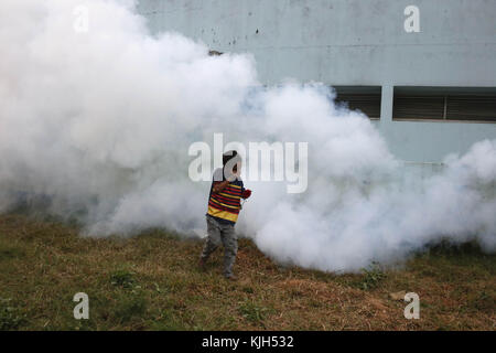 Dhaka, Bangladesch. 24 Nov, 2017. Ein bangladeshi Junge deckt seine Nase gegen dicken Rauch aus ausräucherung in Suhrawardy Udyan. Credit: md. mehedi Hasan/zuma Draht/alamy leben Nachrichten Stockfoto