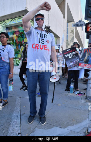 Beverly Hills, Kalifornien, USA. 24. November 2017. peta Tierschuetzer beschmutzt protestieren in Beverly Hills. Sie gingen an Store protestieren die Verwendung von tierischem Fell für Mode. Stockfoto