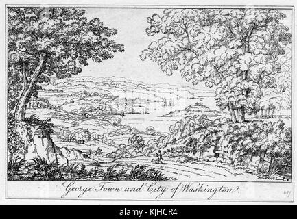 Ein Stich aus einer Landschaft von Georgetown und der Stadt Washington, die Landschaft besteht meist aus sanften Hügeln, die von offenen Feldern und Bäumen bedeckt sind, der Potomac River schneidet durch die Mitte der Landschaft, Washington, DC, 1832. Aus der New York Public Library. Stockfoto