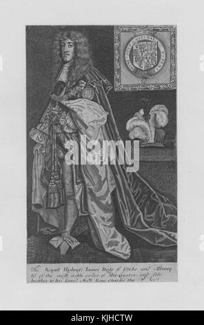 Eingraviertes Porträt von James Duke of York und Albany, der später von 1685 bis 1688 König James II. Von England wurde, volle Länge, in königlichen Bademänteln, Und zeigt einen Schuh mit einer großen Seidenschleife, mit der Überschrift „seine königliche Hoheit James Duke of York und Albany vom nobelsten Orden des Garters und einziger Bruder seiner heiligen Majestät Charles dem 2.“, England, 1800. Aus der New York Public Library. Stockfoto