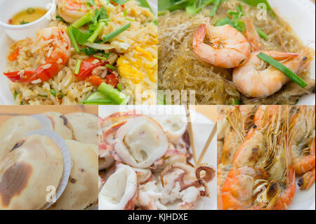 Thai Street Food (gebratener Reis, Garnelen vergossen mit Fadennudeln, Jakobsmuschel, Tintenfisch und Garnelen gegrillt) Stockfoto