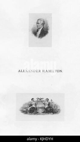 Die Seite zeigt zwei kleine Gravuren, die oberste von Alexander Hamilton, Gründervater der Vereinigten Staaten, Chefarzt von General George Washington, Gründer des Finanzsystems der Nation, Gründer der Föderalistischen Partei, Vater der Küstenwache der Vereinigten Staaten, Und als Gründer der New York Post war Hamilton als erster Finanzminister der Hauptautor der Wirtschaftspolitik der Regierung George Washington, der unterste, der Gerechtigkeit, einen Weißkopfseeadler und Marinethemen darstellte, New York, 1800. Aus der New York Public Library. Stockfoto