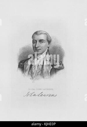 Graviertes Porträt von John Laurens, amerikanischem Soldaten und Staatsmann aus South Carolina während des Amerikanischen Unabhängigkeitskrieges, bekannt für seine Bemühungen, Sklaven für ihre Freiheit zu rekrutieren, als vereinte US-Soldaten, erhielt er 1779 die Zustimmung des Kontinentalkongresses, eine Brigade von 000 Sklaven zu rekrutieren, indem er ihnen Freiheit im Gegenzug für Kämpfe versprach, seine Unterschrift wurde am Ende in South Carolina 1834 kopiert. Aus der New York Public Library. Stockfoto