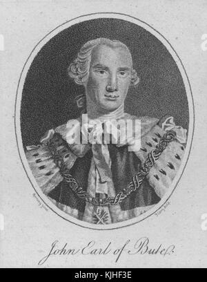 Ein Stich nach einem Porträt von John Stuart, 3. Earl of Bute, er diente als Premierminister von Großbritannien unter König George III, er war der erste Premierminister von Schottland nach der Schaffung des Vereinigten Königreichs 45 Jahre zuvor, Er trat aus dem Amt ein wenig über ein Jahr später, Schottland, 1830. Aus der New York Public Library. Stockfoto