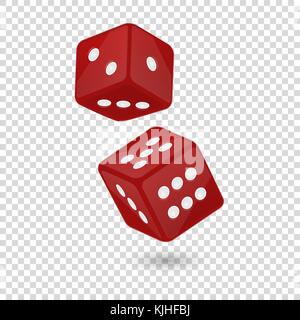 Vector Illustration der Roten realistische Spiel Würfel Symbol im Flug closeup auf Transparenz grid Hintergrund isoliert. casino Design Template für App, Web, Infografiken, Werbung, Mock up etc. Stock Vektor