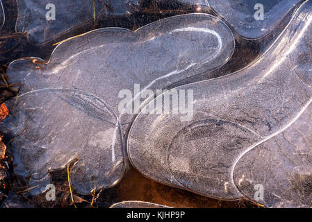Schönen winter Hintergrund mit einem Muster von dünnem Eis auf einer Pfütze in Form von verschiedenen Formen im Sonnenlicht. Stockfoto