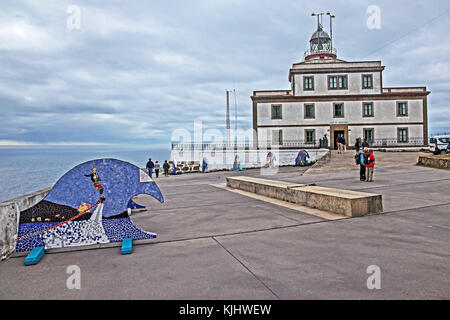 Fisterra, Kap Finisterre, Galizien, Spanien, Kennzeichnung Ende des Jakobweges Stockfoto