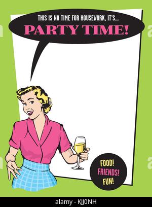 Party time retro Hausfrau party Einladung vektor design Vorlage mit Vintage Style Grafiken und retro Frau trinkt Wein. Nur ihre Angaben hinzufügen. Stock Vektor