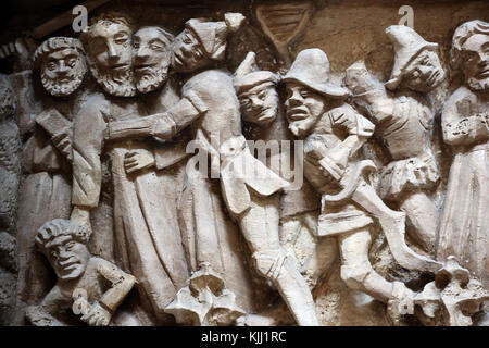 Die Abtei von Saint-Germain d'Auxerre. Passion Jesu. Der Kuß des Judas. Holz geschnitzt. 15. Jahrhundert. Frankreich. Stockfoto