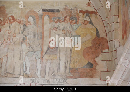 Vault de Lugny Kirche. Wandmalerei aus dem 16. Jahrhundert. Christus in seinem Leiden. Jesus vor Herodes Antipas. Frankreich. Stockfoto