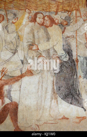 Vault de Lugny Kirche. Wandmalerei aus dem 16. Jahrhundert. Christus in seinem Leiden. Der Kuß des Judas. Frankreich. Stockfoto