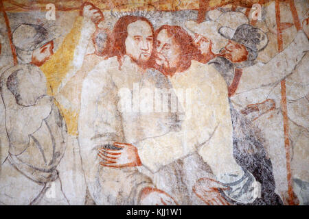 Vault de Lugny Kirche. Wandmalerei aus dem 16. Jahrhundert. Christus in seinem Leiden. Der Kuß des Judas. Frankreich. Stockfoto