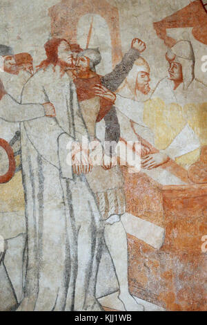 Vault de Lugny Kirche. Wandmalerei aus dem 16. Jahrhundert. Christus in seinem Leiden. Jesus vor Kaiphas. Frankreich. Stockfoto