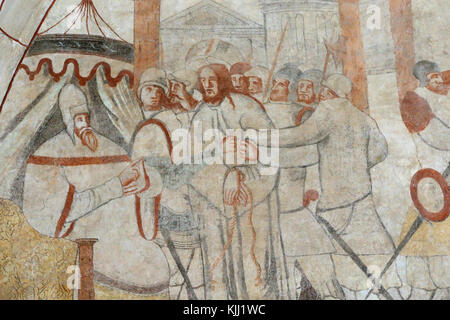Vault de Lugny Kirche. Wandmalerei aus dem 16. Jahrhundert. Christus in seinem Leiden. Christus vor Pilatus. Frankreich. Stockfoto
