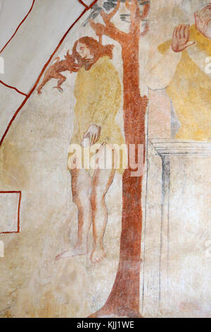 Vault de Lugny Kirche. Wandmalerei aus dem 16. Jahrhundert. Christus in seinem Leiden. Der Tod des Judas Frankreich. Stockfoto