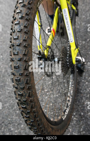 Nahaufnahme von Moutain bike Kette und Zahnräder. Frankreich. Stockfoto