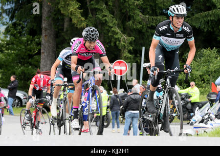 Besichtigung des Valle d ' Aosta Radrennen. Ziellinie. Saint-Gervais-Les-Bains.   Frankreich. Stockfoto