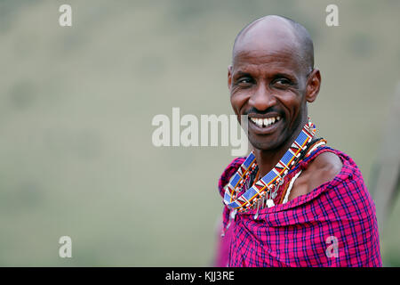 Masai Mann tragen bunte traditionelle Kleidung. Porträt. Masai Mara Game Reserve. Kenia. Stockfoto