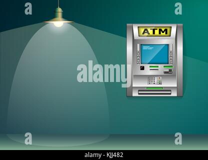 Atm-Geldautomaten. blaue und grüne Wand. metall Laterne. high Detail. 3d Stock Vektor
