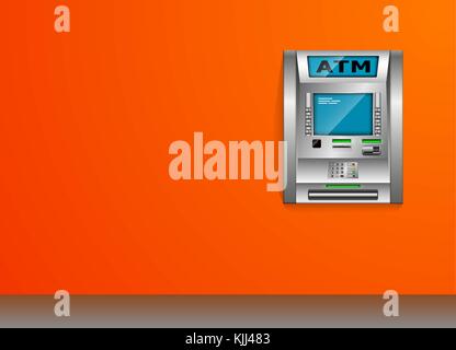 Atm-Geldautomaten. orange Wand. Metallkonstruktion. high Detail. 3d Stock Vektor