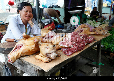 Kon Tum Markt. Frau Verkauf von Hundefleisch. Vietnam. Stockfoto