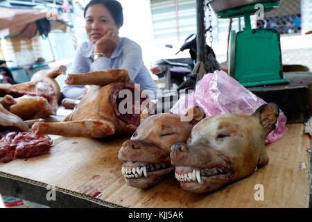 Kon Tum Markt. Frau Verkauf von Hundefleisch. Vietnam. Stockfoto