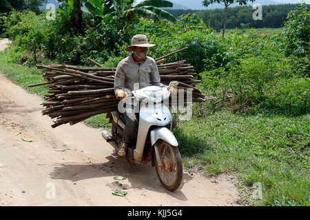 Bahnar (Ba Na) ethnische Gruppe. Mann auf dem Motorrad, die Holz für das Feuer. Kon Tum. Vietnam. Stockfoto